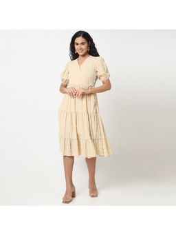 R&B - Beige Polyester Textured Midi Dress