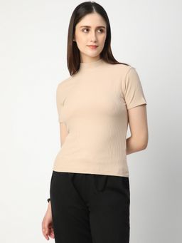 R&B - Women Beige Solid Casual T-Shirt
