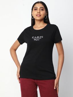 R&B - Women Black Typography Casual T-Shirt