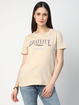 R&B - Women Beige Typography Casual T-Shirt