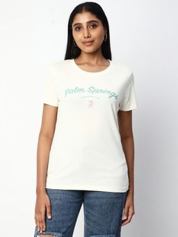 R&B - Women Off White Graphic Casual T-Shirt