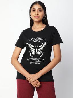 R&B - Women Black Typography Casual T-Shirt