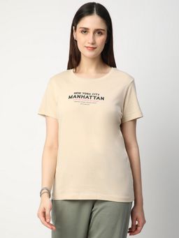 R&B - Women Beige Typography Casual T-Shirt