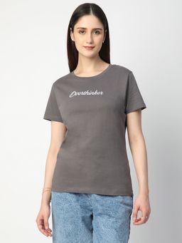 R&B - Women Grey Typography Casual T-Shirt