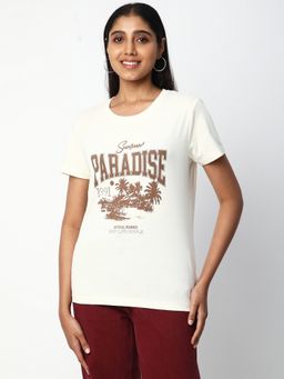 R&B - Women Off White Graphic Casual T-Shirt