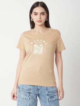 R&B - Women Beige Graphic Casual T-Shirt