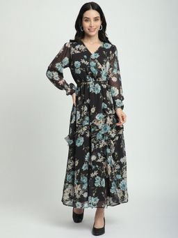 R&B - Black Polyester Floral Maxi Dress