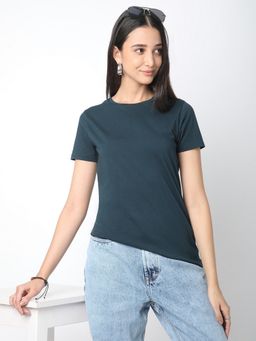 R&B - Women Teal Solid Casual T-Shirt