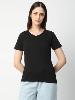 R&B - Women Black Solid Casual T-Shirt