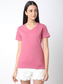 R&B - Women Magenta Solid Casual T-Shirt