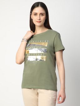 R&B - Women Olive Embellished Casual T-Shirt