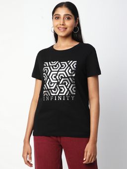 R&B - Women Black Embellished Casual T-Shirt