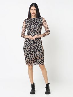 R&B - Beige Polyester Animal Print Knee Length Dress