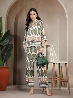 Gipsy - Women Olive Rayon Blend Mandarin Neck Printed Co-Ord Set