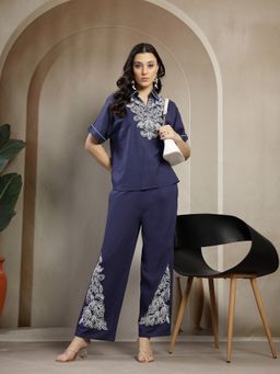 Gipsy - Women Navy Blue Linen Blend Collar Neck Embroidered Co-Ord Set