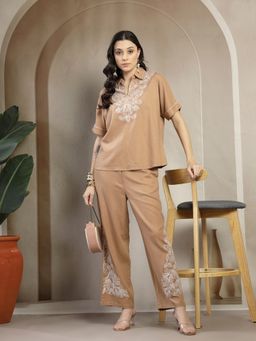 Gipsy - Women Beige Linen Blend Collar Neck Embroidered Co-Ord Set