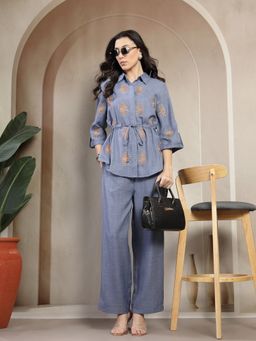 Gipsy - Women Blue Polyester Collar Neck Embroidered Co-Ord Set