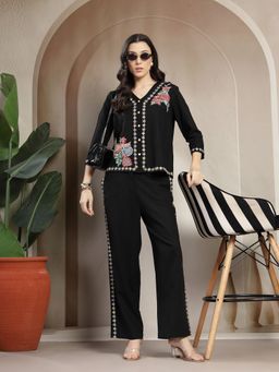 Gipsy - Women Black Linen Blend V-Neck Embroidered Co-Ord Set