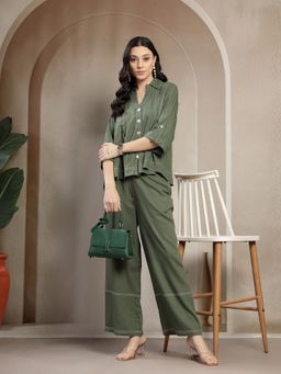 Gipsy - Women Olive Linen Collar Neck Solid Co-Ord Set