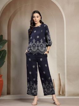 Gipsy - Women Navy Blue Rayon Blend Round Neck Embroidered Co-Ord Set