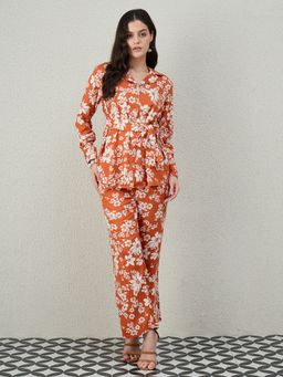 Kibo - Rust Polyester Crepe Notched Lapel Floral Co-Ord Set