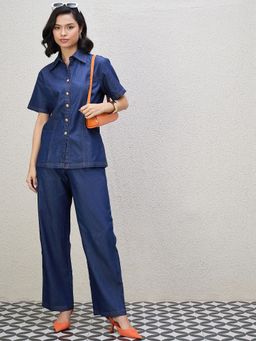 Kibo - Navy Blue Polycotton Collar Neck Solid Co-Ord Set