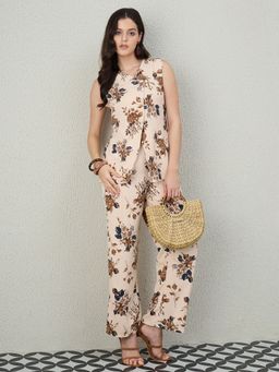 Kibo - Cream Polyester Crepe V-Neck Floral Sleeveless Co-Ord Set