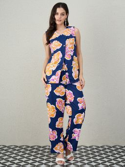 Kibo - Navy Blue Polyester Crepe V-Neck Printed Sleeveless Co-Ord Set