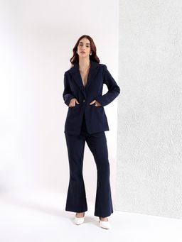 Kibo - Navy Blue Polyester Notched Lapel Solid Blazer with Pant