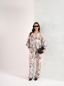 Kibo - White Polyester Collar Neck Floral Full Sleeves Co-Ord Set