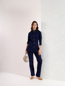 Kibo - Navy Blue Polycotton Mandarin Neck Solid Co-Ord Set