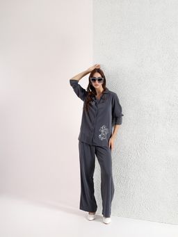 Kibo - Grey Silk Blend Collar Neck Embellished Co-Ord Set