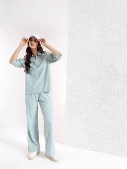 Kibo - Blue Polycotton Collar Neck Textured Full Sleeves Co-Ord Set