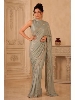 VAIRAGEE - Grey Frendy Satin Embellished Saree with Unstitched Blouse