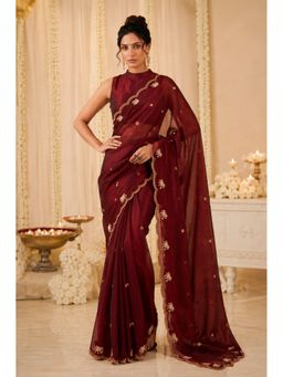 VAIRAGEE - Maroon Satin Embellished Saree with Unstitched Blouse