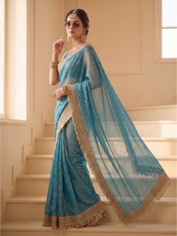VAIRAGEE - Blue Frendy Satin Butti Embroidered Saree with Unstitched Blouse