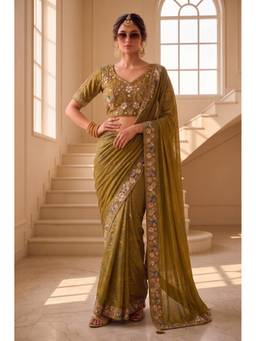 VAIRAGEE - Green Satin Embroidered Saree with Unstitched Blouse