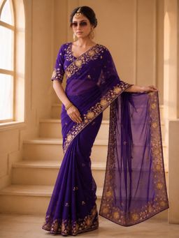 VAIRAGEE - Purple Rangoli Silk Embroidered Saree with Unstitched Blouse