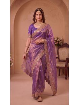 VAIRAGEE - Magenta Frendy Satin Embellished Saree with Unstitched Blouse