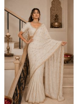 VAIRAGEE - Cream Satin Embellished Saree with Unstitched Blouse