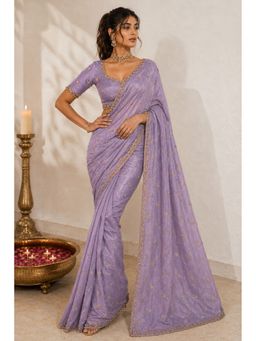 VAIRAGEE - Lavender Satin Embellished Saree with Unstitched Blouse