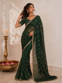 VAIRAGEE - Green Frendy Satin Embellished Saree with Unstitched Blouse