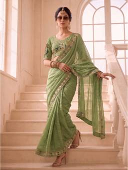 VAIRAGEE - Green Frendy Satin Embroidered Saree with Unstitched Blouse