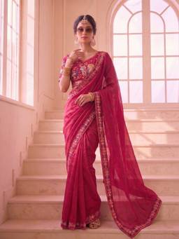 VAIRAGEE - Pink Frendy Satin Embroidered Saree with Unstitched Blouse