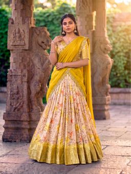 LooknBook Art - Yellow Traditional Dola Chex Floral Printed Lehenga and Choli with Dupatta