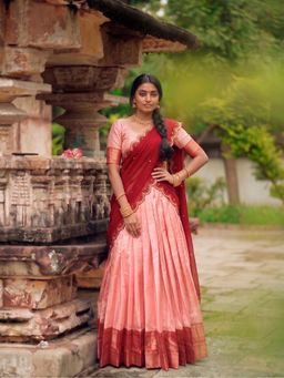 LooknBook Art - Peach Traditional Cotton Silk Lehenga and Choli with Dupatta