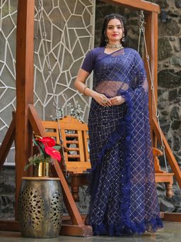 Tikhi Imli - Navy Blue Colored Sequence Embroidered Ruffled Saree with Unstitched Blouse