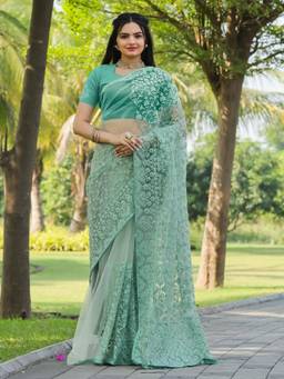 Tikhi Imli - Green Colored Embroidered Net Saree with Unstitched Blouse