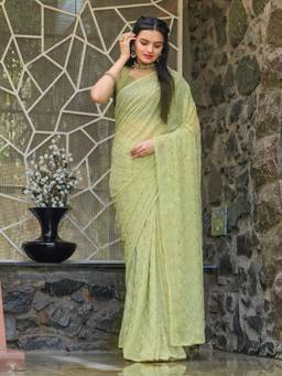 Tikhi Imli - Green Colored Sequinned Embroidered Georgette Saree with Unstitched Blouse