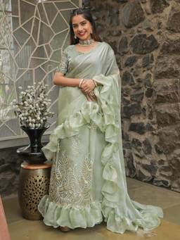 Tikhi Imli - Green Colored Sequinned Saree with Unstitched Blouse